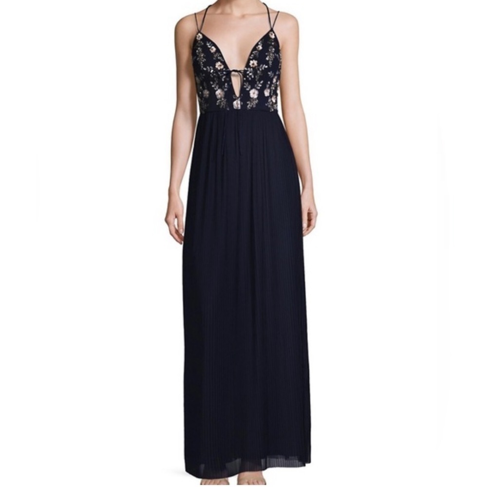 Aidan Mattox Navy Blue Maxi Dress with Floral sequin Elegant Formal Gown Size 0